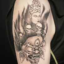 Witch Doctor fine line black and grey tattoo created by Alan Lott, co-founder and tattoo artist of Sacred Mandala Studio in Durham, North Carolina.
